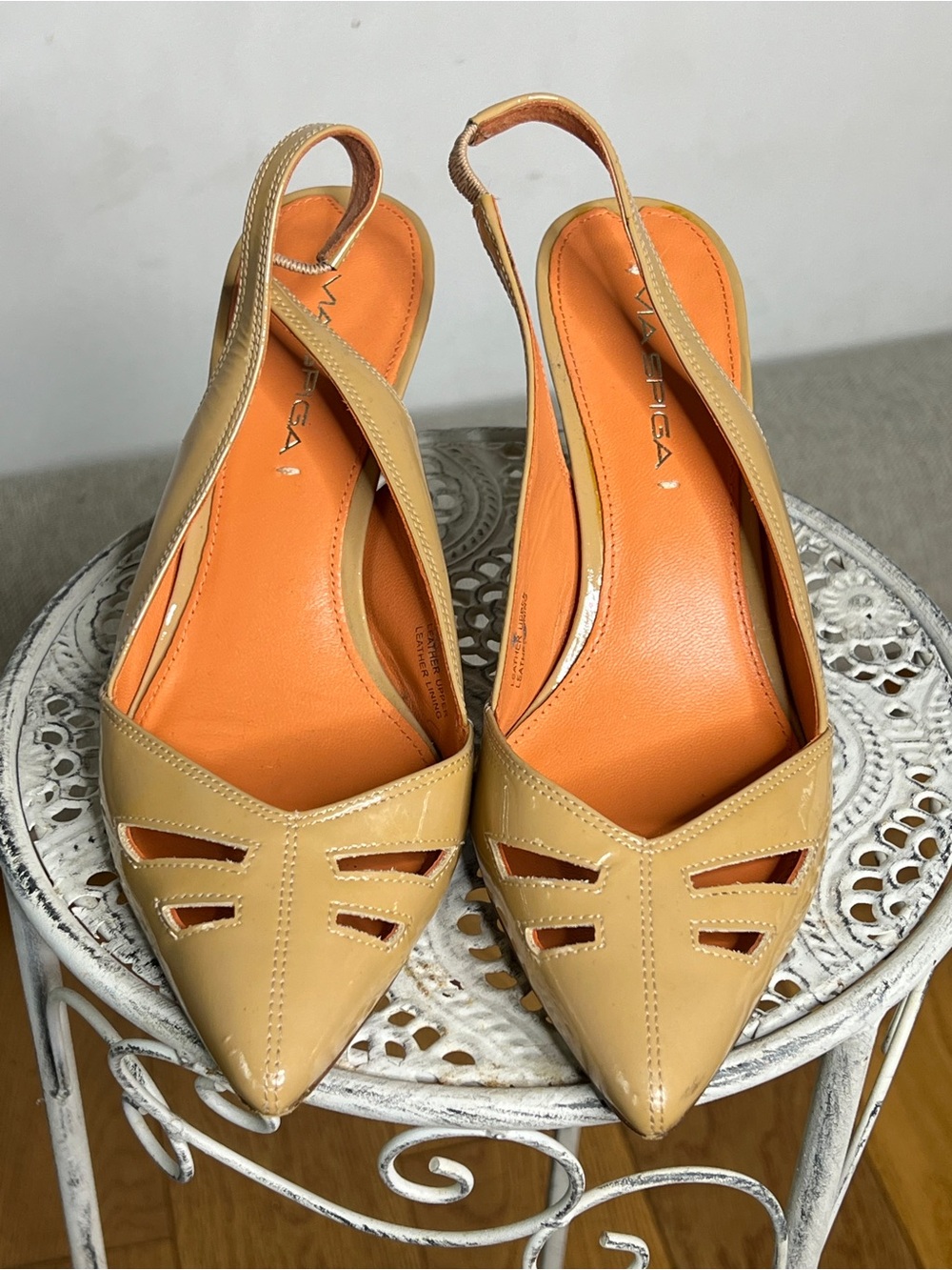 Via Spiga Tan Pointed-Toe Slingback Flats with Orange Insole